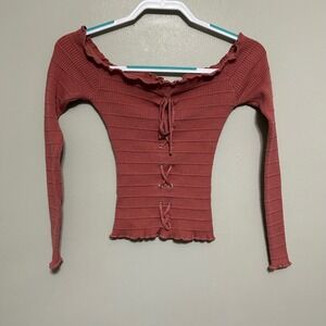 Y2K Rue 21 Shirt M Orange Pink Ribbed Lace Up Off Shoulder Long Sleeve Crop Top